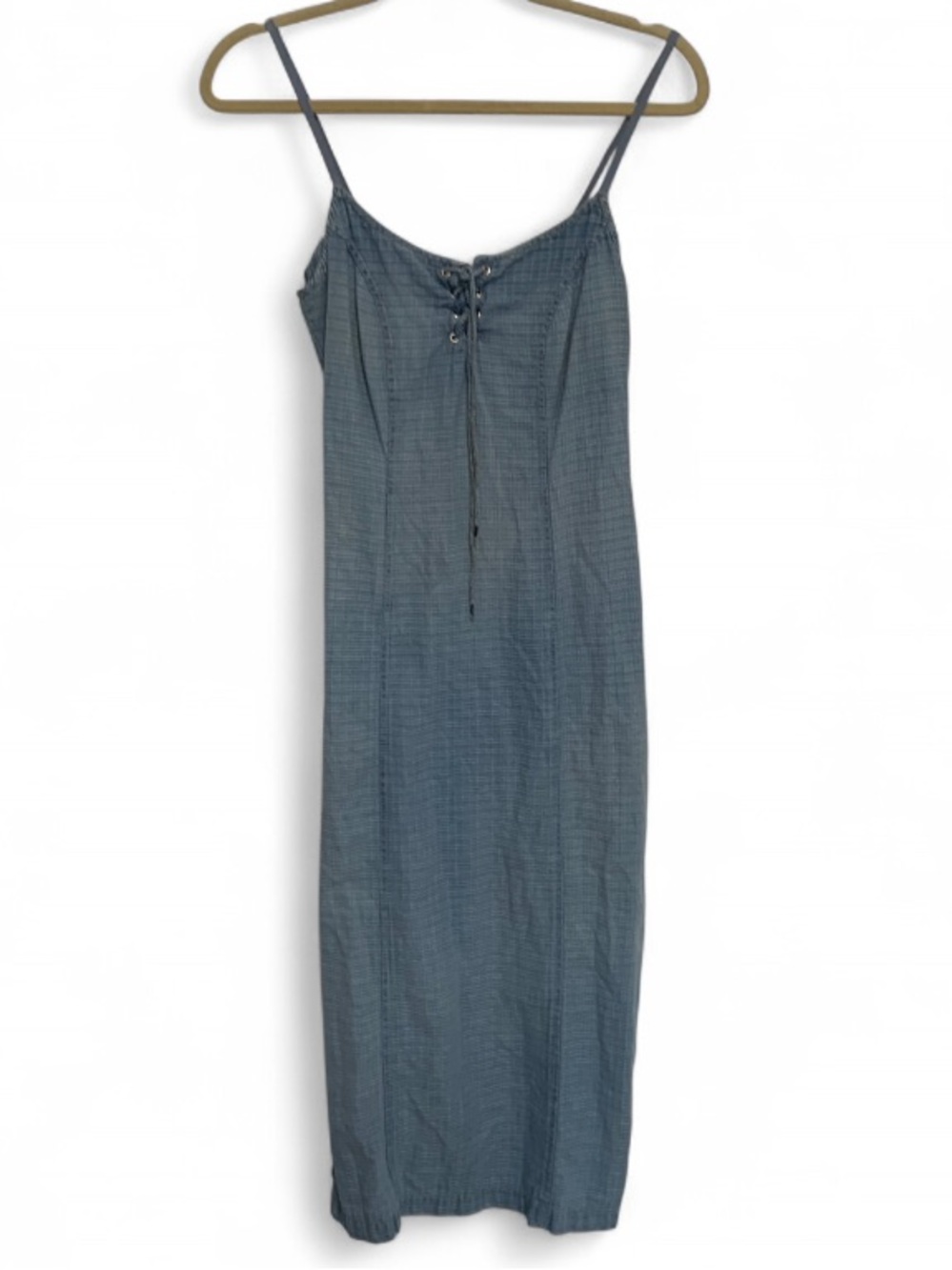 Vintage Brioche Blue Plaid Lace-Up Spaghetti-Strap Midi Dress